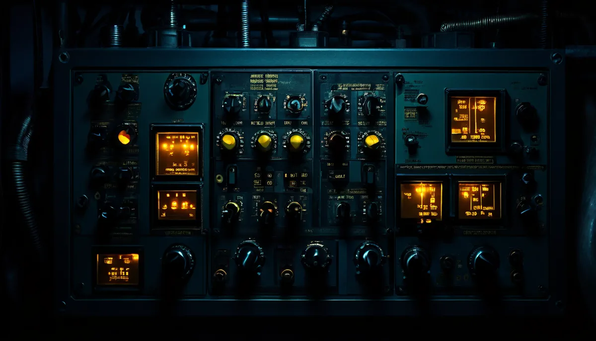 Industrial control panel with glowing indicators in a dark plant